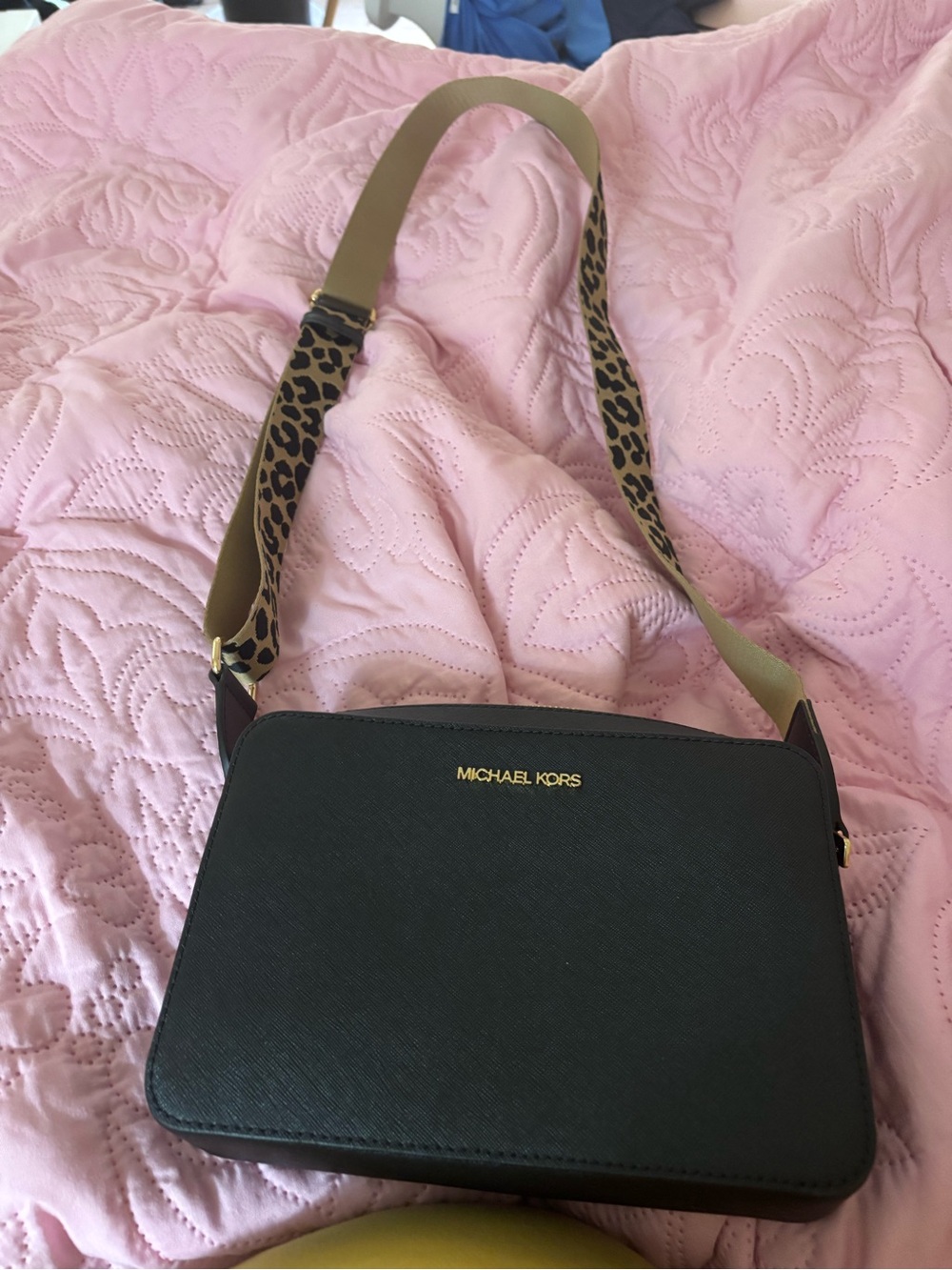 Michael Kors Black Crossbody with Leopard-Print Adjustable Strap